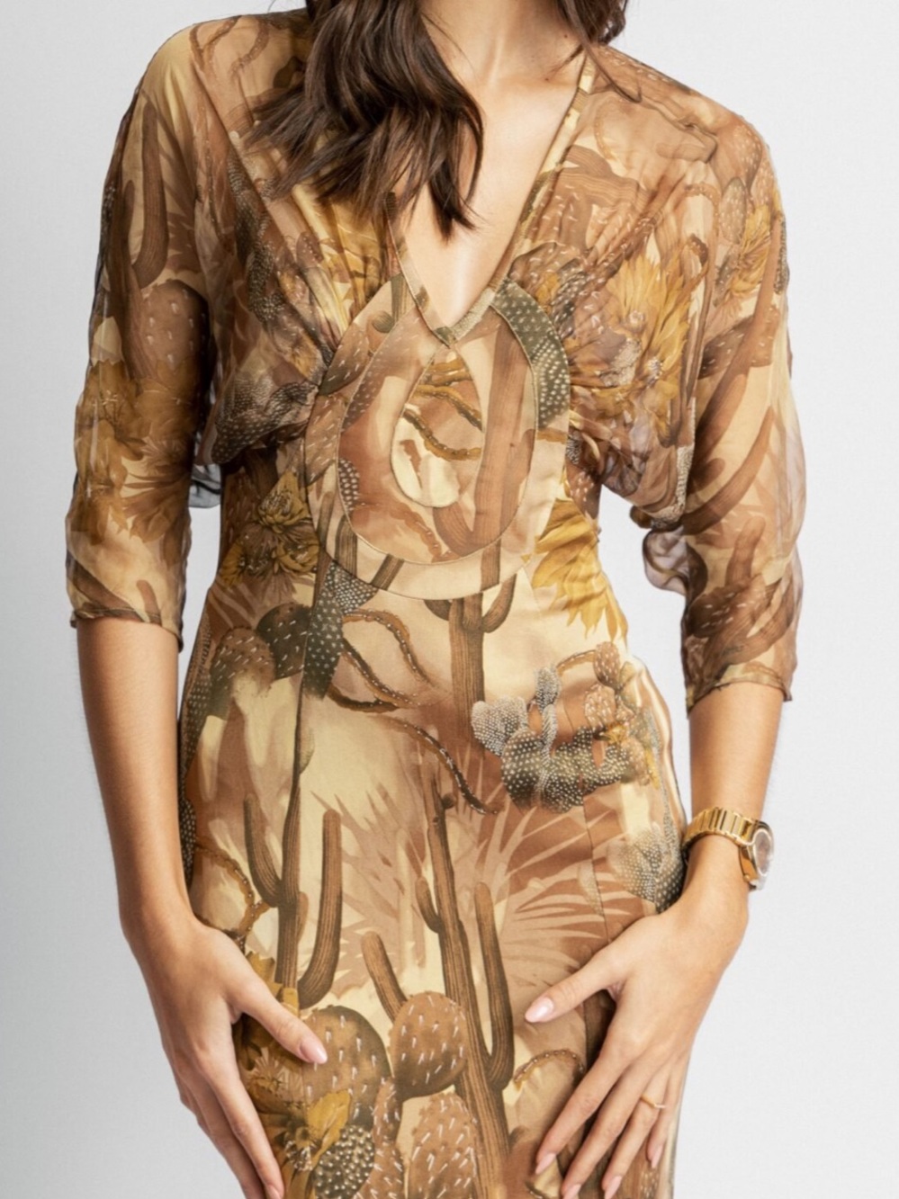 VERSACE VINTAGE SPRING/SUMMER 2006 CACTUS PRINT SILK CHIFFON DRESS - Picture 7 of 17